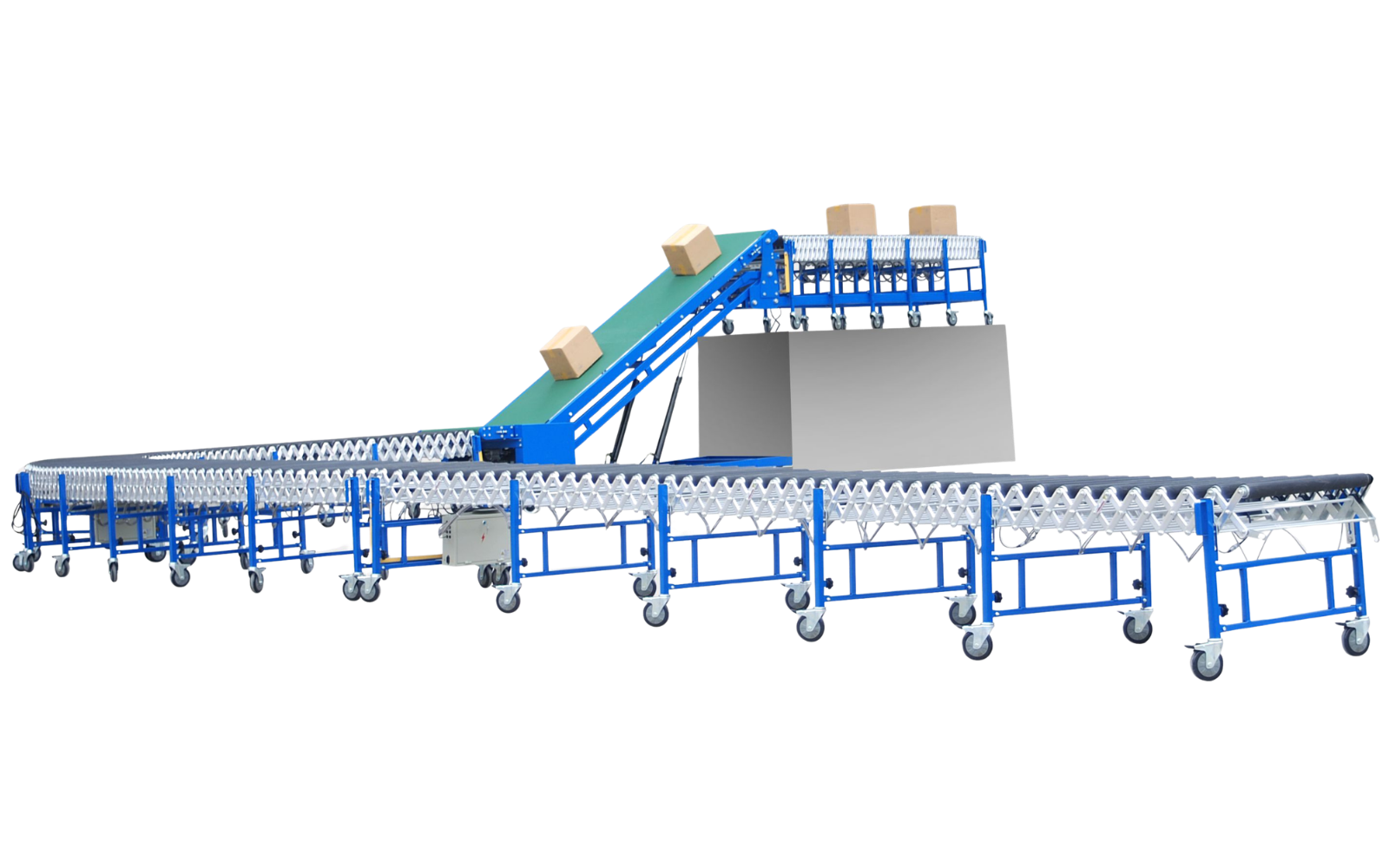 Custom conveyor loading system combining a dockless trailer loader with powered flexible roller conveyors
